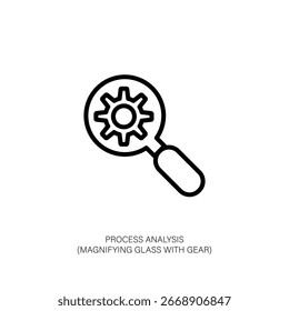 Icono de análisis de procesos con lupa con engranaje para estrategia comercial