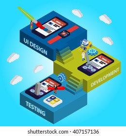 Process of app development in flat 3d isometric