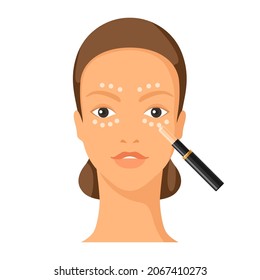 Process of applying concealer to face. Illustration of beautiful woman with make up.