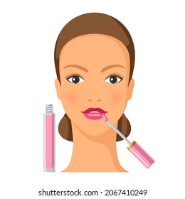 Process of applying lip gloss to face. Illustration of beautiful woman with make up.