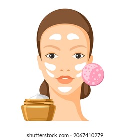 Process of applying moisturizing cream to face. Illustration of beautiful woman with make up.
