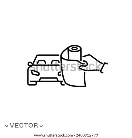 process of applying protective film for car icon, work of sticking armor film on car, car paint protection, thin line symbol isolated on white background, editable stroke eps 10 vector illustration