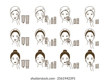 The process of applying suncream, sun spray, sun stick, sun lip balm. Cosmetic woman character sunscreening