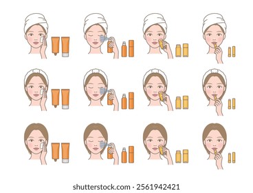 The process of applying suncream, sun spray, sun stick, sun lip balm. Cosmetic woman character sunscreening