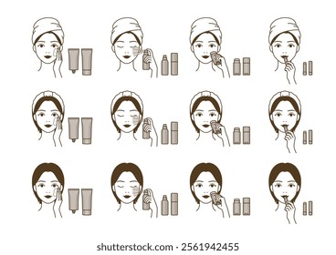 The process of applying suncream, sun spray, sun stick, sun lip balm. Cosmetic woman character sunscreening