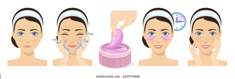 Process of applying and using hydrogel eye patches. Cosmetic collagen eye patches. Pink eye patches for beauty and skin care. Vector
