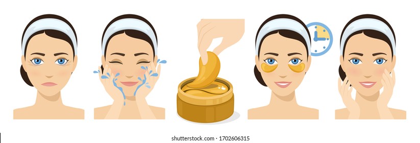 Process of applying and using hydrogel eye patches. Cosmetic collagen eye patches. Golde eye patches for beauty and skin care. Vector