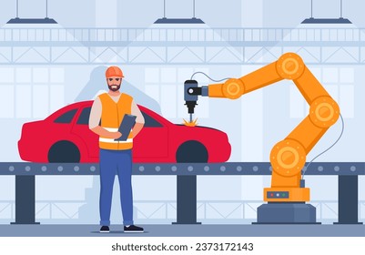 Process of automated car production. Machinery line with robotic hands. Engineer in orange vest and protective helmet controls the process. Assembly line at an automobile factory. Vector illustration