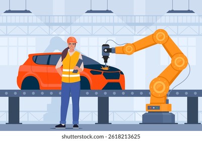 Processo de produção automática de automóveis. Linha de máquinas com mãos robóticas. Engenheiro em colete laranja e capacete de proteção controla o processo. Linha de montagem em uma fábrica de automóveis. Ilustração vetorial