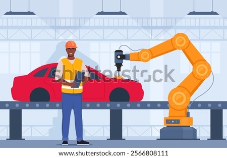 Process of automated car production. Machinery line with robotic hands. Black man Engineer in orange vest and protective helmet controls the process. Automobile factory. Vector illustration