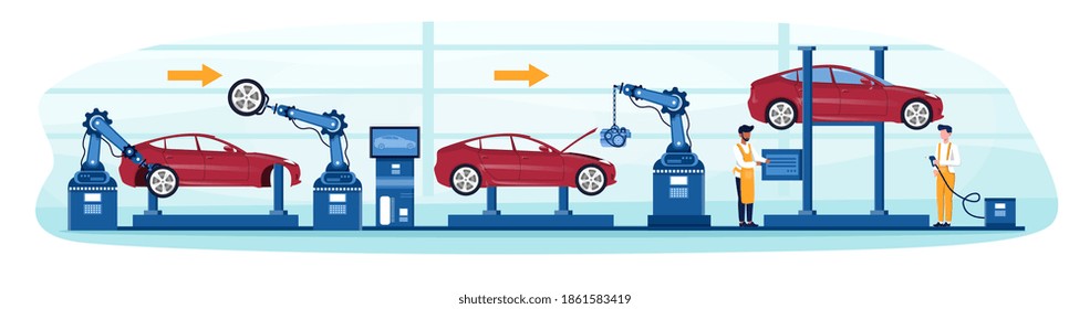 Process of automated car production. Wehicle parts on the machinery line with robotic hands and diverse multiracial mechanics helping. Flat cartoon vector illustration