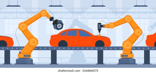 Process of automated car production. Wehicle parts on the machinery line with robotic hands. Assembly line at an automobile factory. Vector illustration