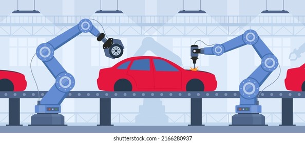 Process of automated car production. Wehicle parts on the machinery line with robotic hands. Assembly line at an automobile factory. Vector illustration