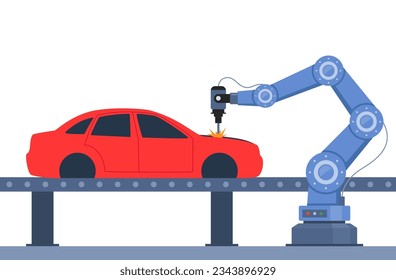 Process of automated car production. Wehicle parts on the machinery line with robotic hands. Assembly line at an automobile factory. Vector illustration