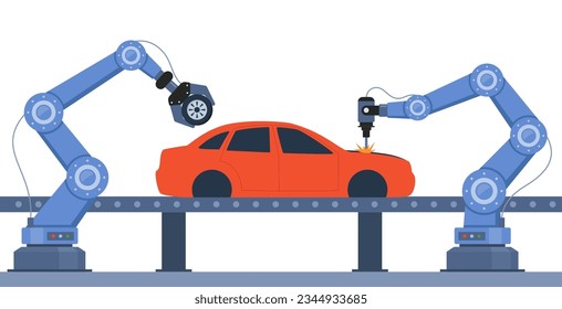 Proceso de producción automatizada de automóviles. Las partes de la maquinaria cubren con las manos robóticas. Línea de montaje en una fábrica de automóviles. Ilustración del vector