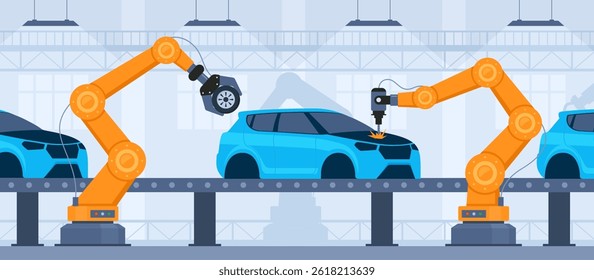 Processo de produção automática de automóveis. Peças de veículos na linha de máquinas com mãos robóticas. Linha de montagem em uma fábrica de automóveis. Ilustração vetorial
