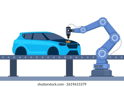 Processo de produção automática de automóveis. Peças de veículos na linha de máquinas com mãos robóticas. Linha de montagem em uma fábrica de automóveis. Ilustração vetorial