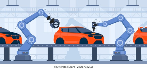 Process of automated car production. Wehicle parts on the machinery line with robotic hands. Assembly line at an automobile factory. Vector illustration