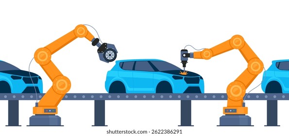 Processo de produção automática de automóveis. Peças de veículos na linha de máquinas com mãos robóticas. Linha de montagem em uma fábrica de automóveis. Ilustração vetorial