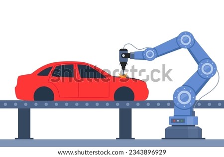 Process of automated car production. Wehicle parts on the machinery line with robotic hands. Assembly line at an automobile factory. Vector illustration