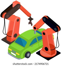 Process of automated production of automobile. Car body with robotic arm, mechanical equipment. Automotive construction of vehicles, engineering. Modern technologies in machinery, manufacturing