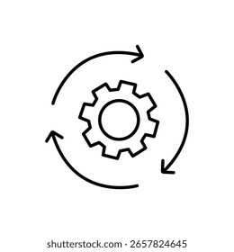 Schwarzes Liniensymbol für die Prozessautomatisierung. Arbeitsorganisation Drehpfeile, rotierende Zahnräder. Produktionssystem, Vektorgrafik.