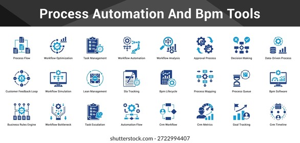 Process Automation And Bpm Tools Cohesive set of minimalist vector icons representing key ideas with visual clarity
