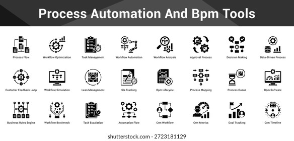 Automatización de procesos y herramientas Bpm Conjunto coherente de iconos vectoriales minimalistas que representan ideas clave con claridad visual