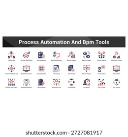 Process Automation And Bpm Tools Cohesive set of minimalist vector icons representing key ideas with visual clarity