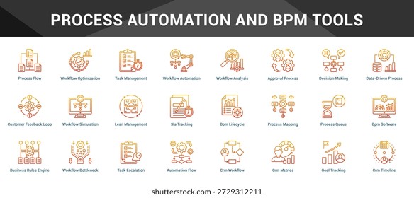 Automatización de procesos y herramientas Bpm Conjunto coherente de iconos vectoriales minimalistas que representan ideas clave con claridad visual