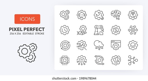 Process automation conceps. Thin line icon set. Outline symbol collection. Editable vector stroke. 256x256 Pixel Perfect scalable to 128px, 64px...
