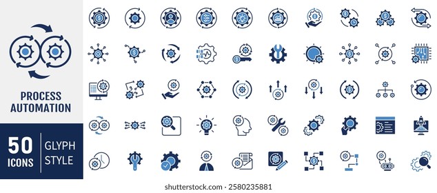 Process automation flat icon set. Containing business process, digital transformation, industry 4.0, productivity, technology, integration icon. Vector illustration