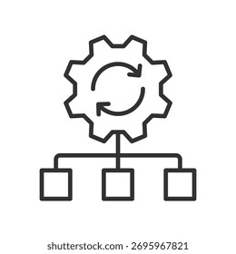 Ícone de automação de processo em design de linha. processo, automação, engrenagem, sistema, controle, fluxo de trabalho, gerenciamento no vetor de fundo branco. Ícone de traçado editável de automação de processo