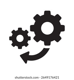 Process automation icon with rotating gears and an arrow symbolizing workflow management system operation and industrial engineering development cycle vector solid glyph