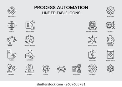 Process Automation Icons Featuring Robotics Technology Artificial Intelligence And Engineering Solutions