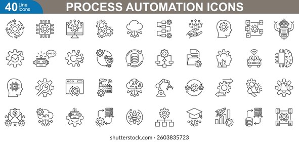 Process automation icons set. Vector illustrations for workflow optimization, system integration, aI automation, business process efficiency, machine learning process and more.