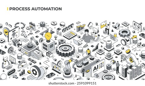 Process automation isometric illustration, showing variety of elements such as gears, AI, robots, data analysis, and cost management. Scene highlights workflow optimization and automation technologies