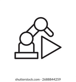 Ícone de linha de automação de processo mostrando o símbolo do braço robótico para fabricação inteligente, eficiência, controle industrial, sistema robótico e otimização de tecnologia digital na indústria moderna.