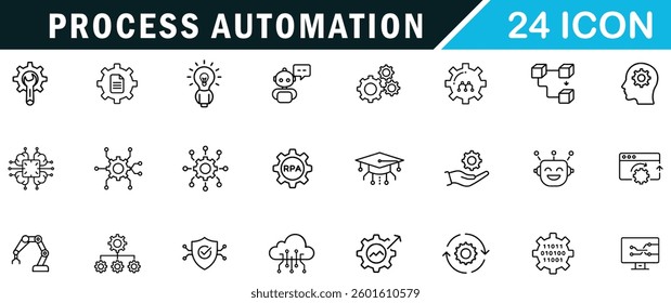 Process Automation outline editable icon set.  robotic, artificial intelligence, productivity and more.