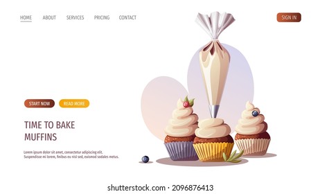 El proceso de hornear bizcochos. Panadería, panadería, cocina, productos dulces, postre, pastelería. Ilustración vectorial para afiches, banner, sitio web, publicidad.