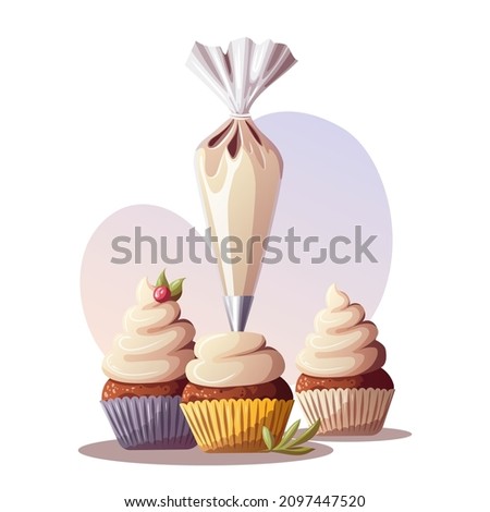 The process of baking cupcakes. Baking, bakery shop, cooking, sweet products, dessert, pastry concept. Isolated Vector illustration for poster, banner, menu, advertising.