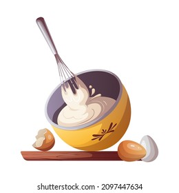 The process of baking. Whipping cream with a whisk. Baking, bakery shop, cooking, sweet products, dessert, pastry concept. Isolated vector illustration for poster, banner, menu, cover.