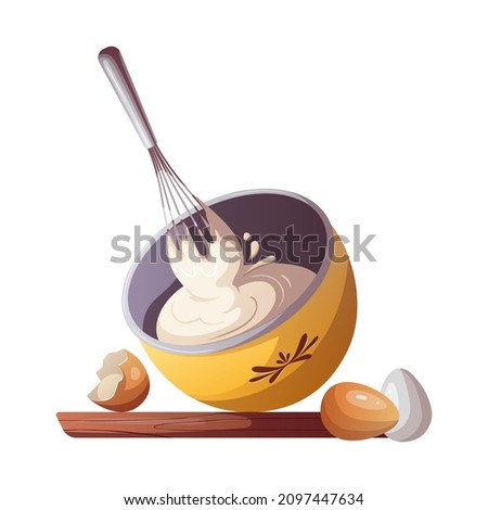 The process of baking. Whipping cream with a whisk. Baking, bakery shop, cooking, sweet products, dessert, pastry concept. Isolated vector illustration for poster, banner, menu, cover.