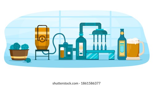 Proceso de fabricación de cerveza. Concepto de la industria del alcohol. Filtración, ebullición, elaboración, sedimantación, fermentación y envasado de frascos con cerveza. Ilustración vectorial de dibujos animados planos