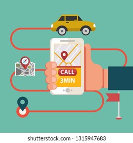 Process of booking taxi via mobile app. Calling Taxi message on a mobile phone screen. Hand holding smart phone on city background.