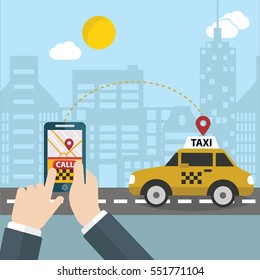 Process of booking taxi via mobile app. Calling Taxi message on a mobile phone screen. Hand holding smart phone on city background.