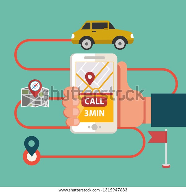 Process of booking taxi via mobile app.\
Calling Taxi message on a mobile phone screen. Hand holding smart\
phone on city\
background.