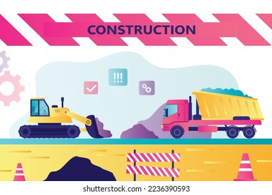Process of building. Bulldozer and dump truck at construction site. Development, industrial machines. Roadworks or earthworks. Horizontal banner. Flat vector illustration