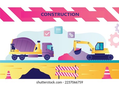 Process of building. Excavator and concrete mixer at construction site. Development, industrial machines doing foundation. Roadworks or earthworks. Horizontal banner. Flat vector illustration