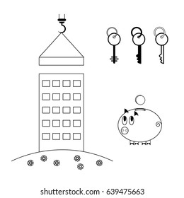 The process of building a house. New building. Purchase of housing in a mortgage. A set of keys from the apartment. Piggy bank with a coin.  Set of icons.